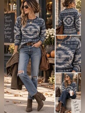 Polo RALPH LAUREN Womens Medium Knit SWEATER Blue Aztec Pattern Sz M